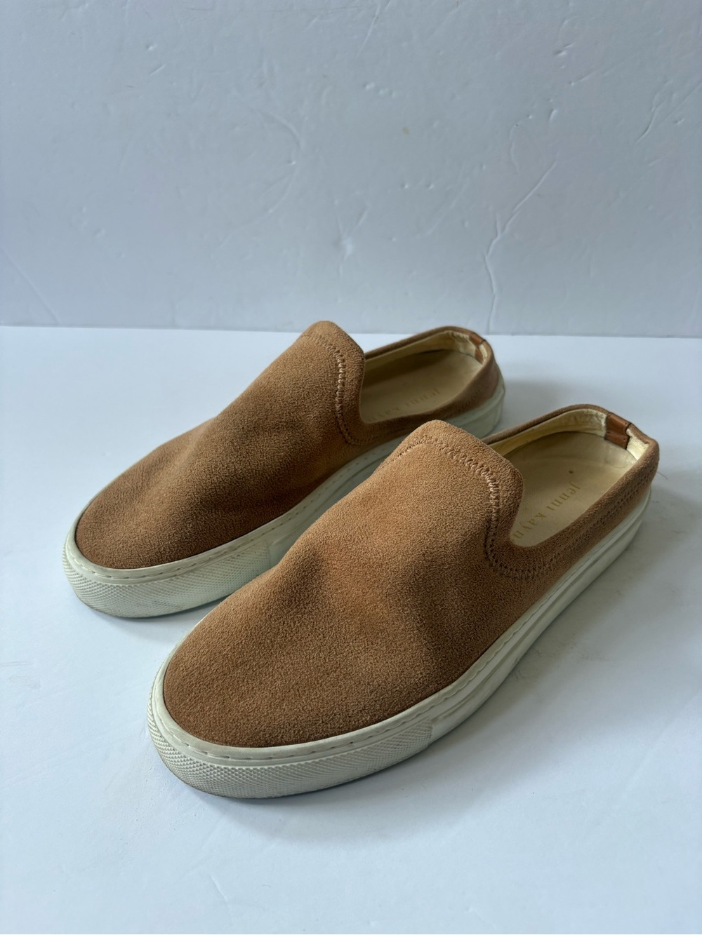Jenni Kayne Suede Slider Slip On Sneakers 9 Minimalist Caramel Beige Casual Soft
